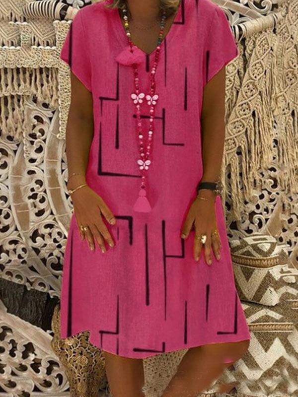 Women's loose cotton and linen printed V-neck dress