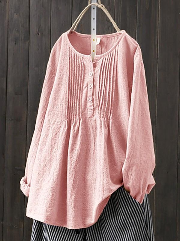 Cotton and linen women's pleated round neck shirt