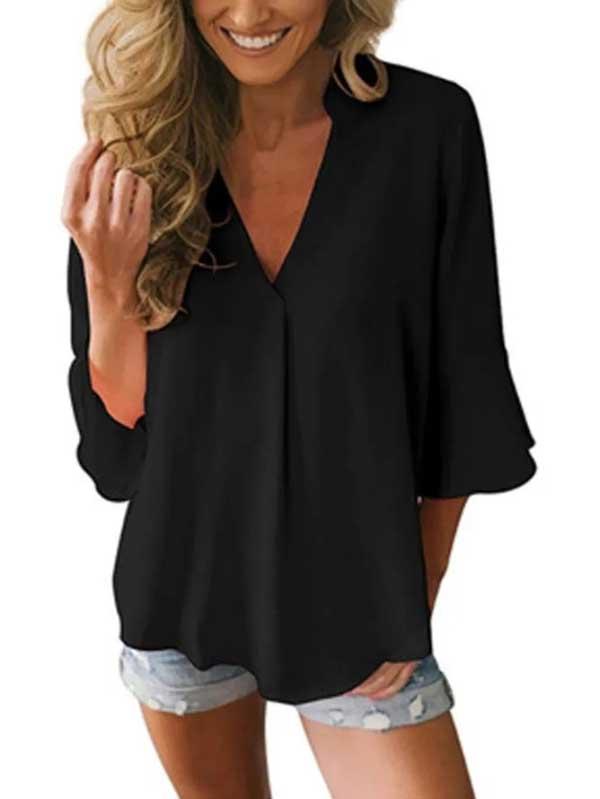 V-neck ruffled 3/4 sleeves loose chiffon shirt