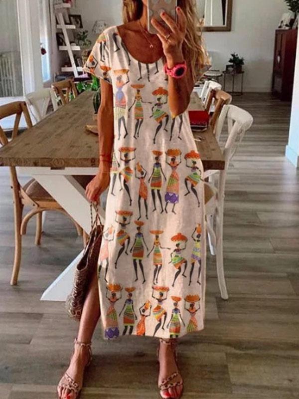 Women's Casual Cotton and Linen Print Short Sleeve Dress
