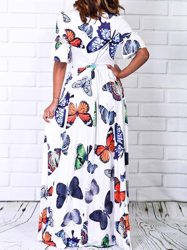 Casual Butterfly Print V-neck Short Sleeve Dress