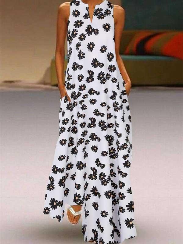 Small Daisy Print V-Neck Sleeveless Long Dress Long Dress