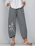 Cotton  linen butterfly print wide-leg pants