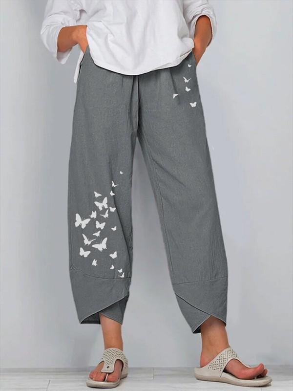 Cotton  linen butterfly print wide-leg pants