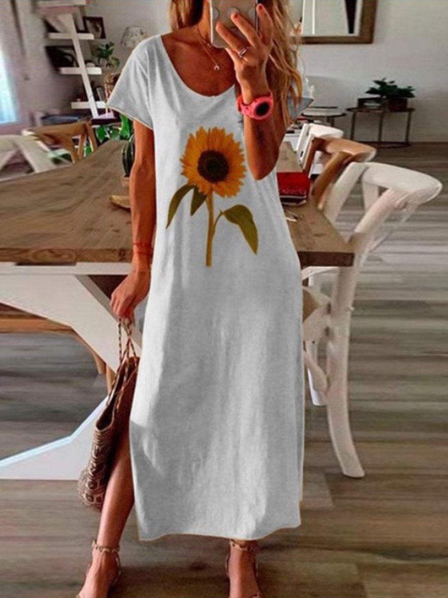 Sunflower Plant Printing Short Sleeve Casual Dress
