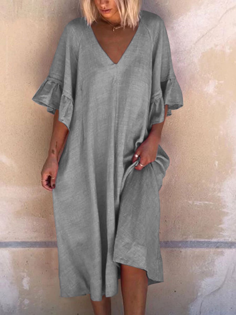 Solid Simple V Neck Linen Dresses
