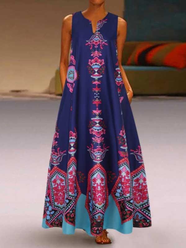 Retro palace style printed V-neck sleeveless long dress dress