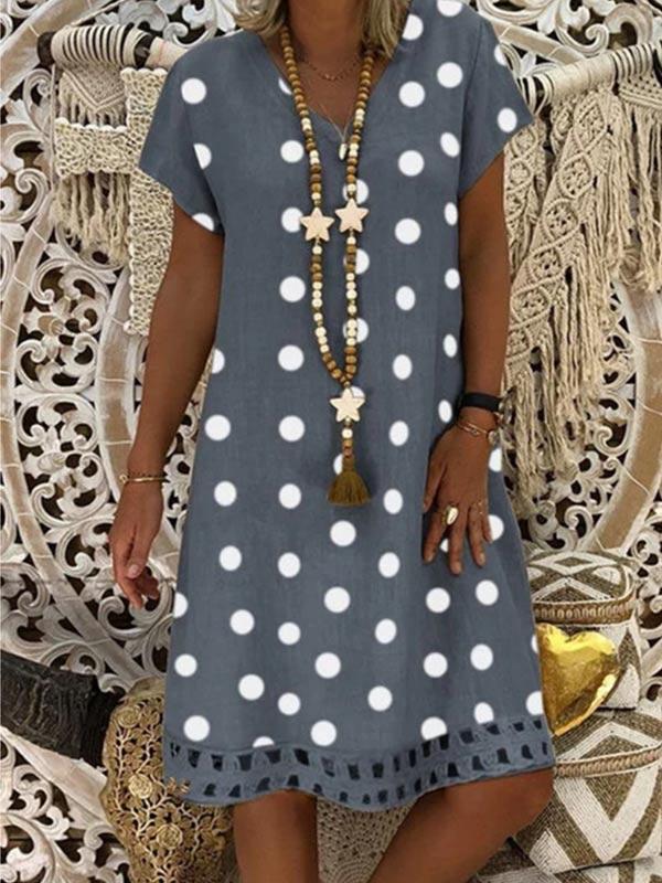Ladies fashion V-neck polka dot cotton and linen dress