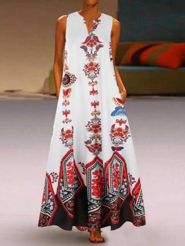 Retro palace style printed V-neck sleeveless long dress dress