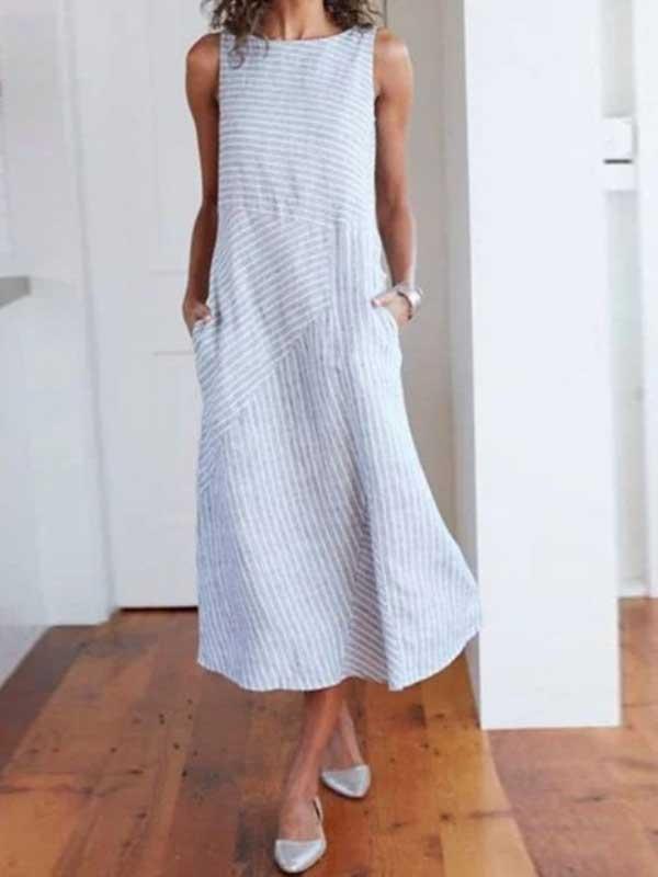 Women's striped round neck sleeveless slim dress