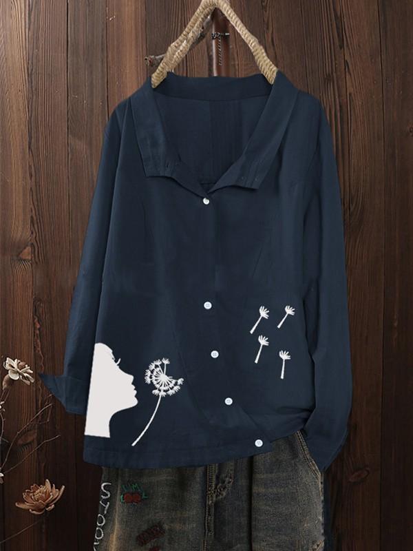 Women's dandelion printed irregular long-sleeved shirt