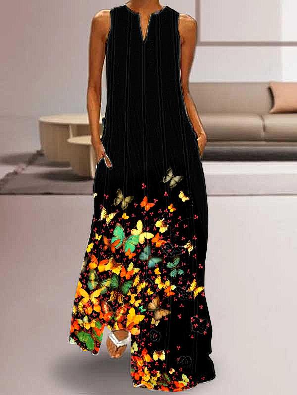Black Butterfly Print Maxi Dress