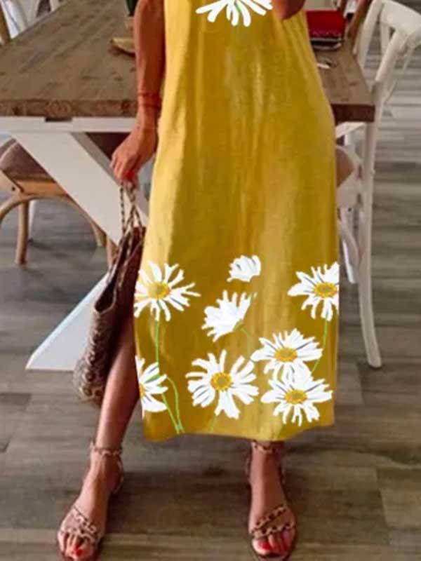 Women's hem split daisy print dress