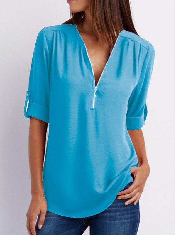 Women's V-neck zipper oversized chiffon shirt