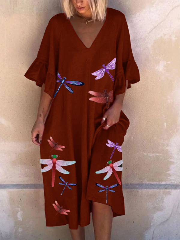 Multicolor Dragonfly Print Ruffled Sleeve Midi Dress