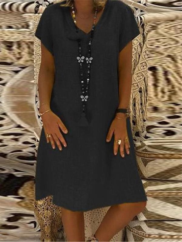 Solid color short sleeve V-neck dress