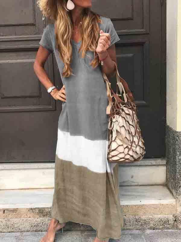 Cotton and linen loose contrast printed V-neck dress