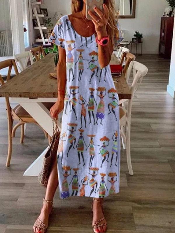 Women's Casual Cotton and Linen Print Short Sleeve Dress