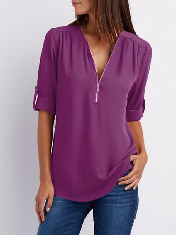 Women's V-neck zipper oversized chiffon shirt