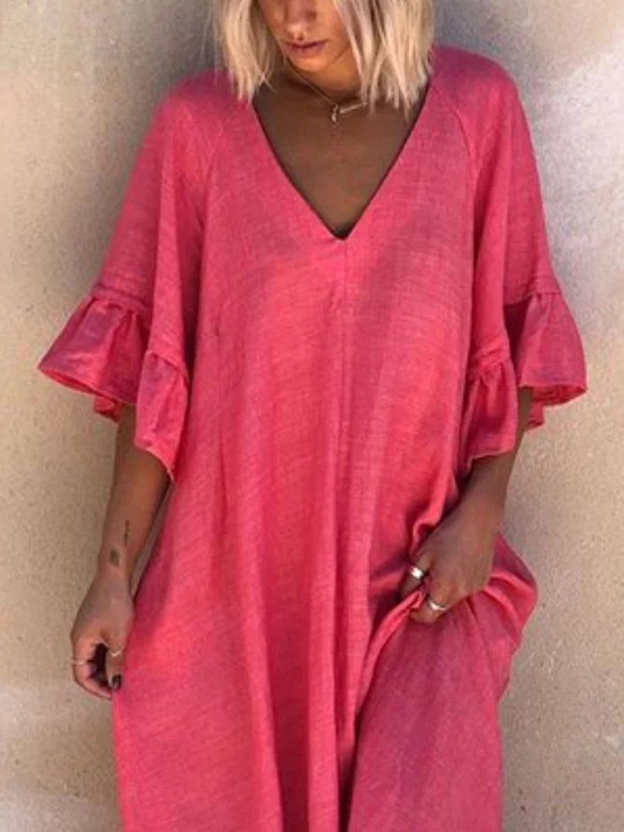 Solid Simple V Neck Linen Dresses