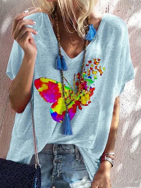 Butterfly print large size loose V-neck short sleeve