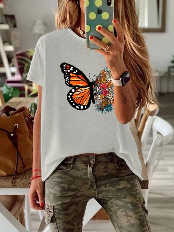 Women's round neck butterfly letter printed loose T-shirt