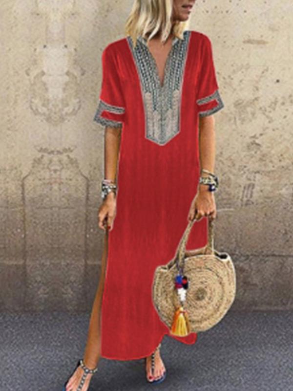Ladies ethnic style V-neck casual loose dress