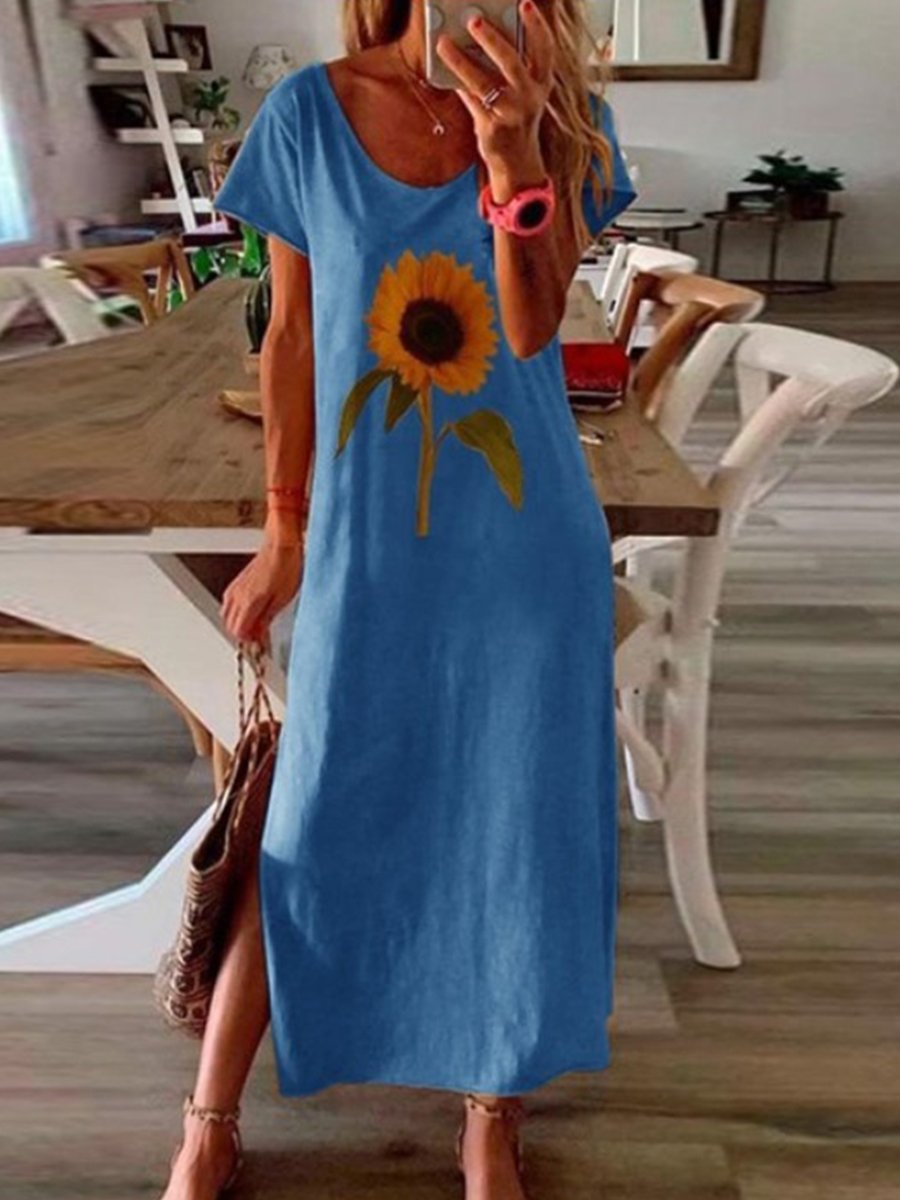 Sunflower Plant Printing Short Sleeve Casual Dress