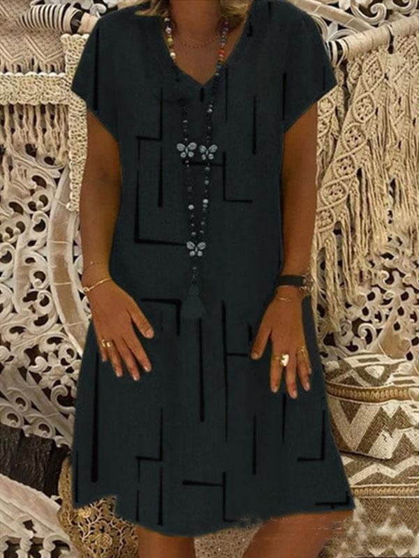 Women's loose cotton and linen printed V-neck dress