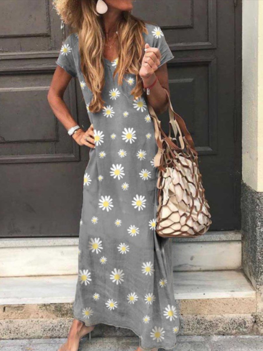 Casual Waist Swing Short Sleeve Daisy Print Dress