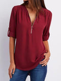 Women's V-neck zipper oversized chiffon shirt