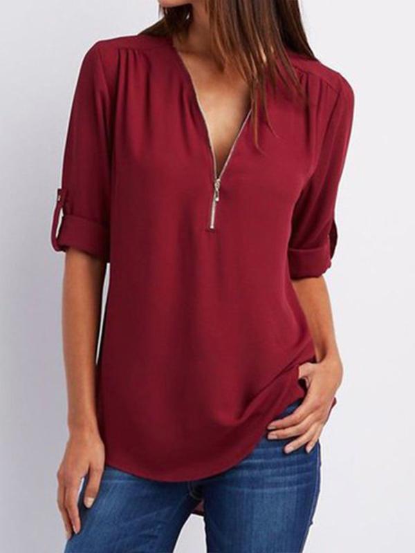 Women's V-neck zipper oversized chiffon shirt