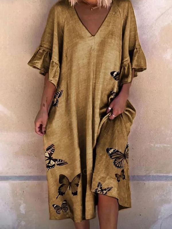 Colorfly Butterfly Print Ruffled Sleeve Midi Dress