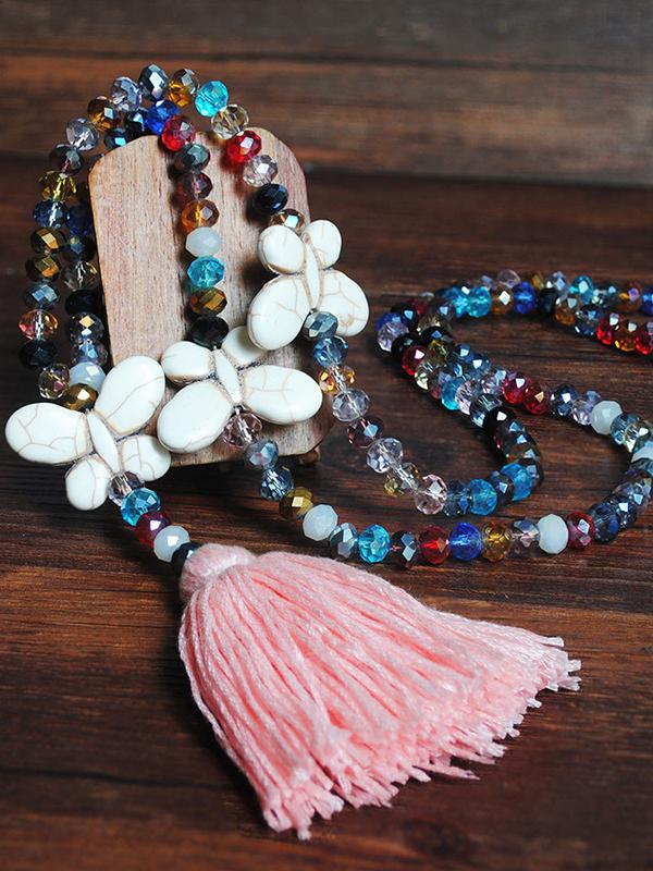 Boho Tassel Handmade Beaded Multicolor Crystal Necklace