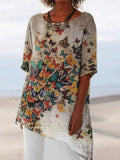 Women's butterfly printed comfortable cotton and linen long-sleeved shirt