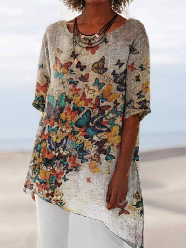 Women's butterfly printed comfortable cotton and linen long-sleeved shirt