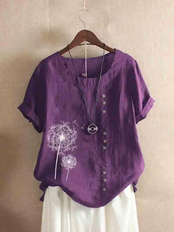 Cotton and linen printed loose casual shirt