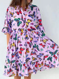 Holiday Round Neck Butterfly Print Dress