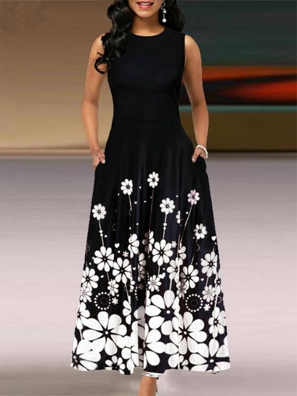 Ladies fashion floral print pocket dress