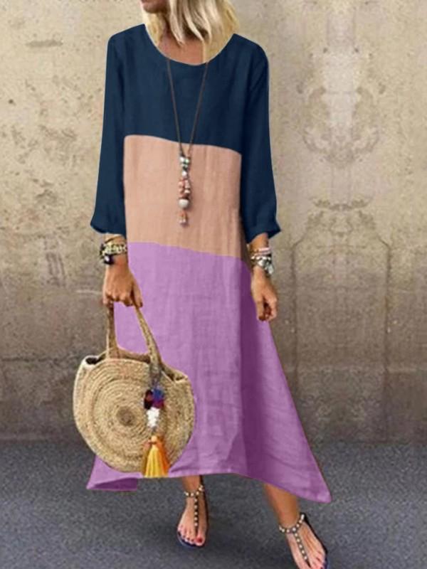 Contrast color long sleeve round neck cotton and linen stitching dress long dress