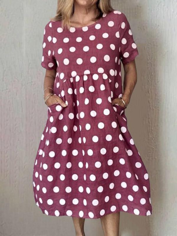 Women's Polka Dot Print Pocket Loose Short Sleeve Dress