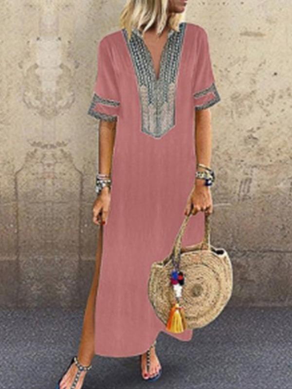 Ladies ethnic style V-neck casual loose dress