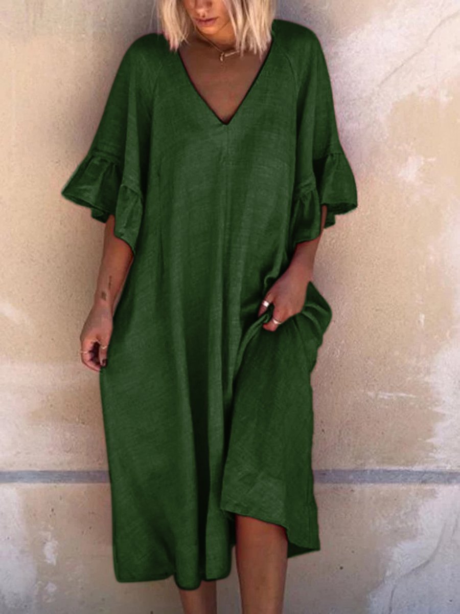 Solid Simple V Neck Linen Dresses