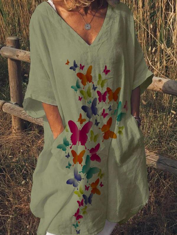 Women's cotton and linen V-neck butterfly print pocket dress