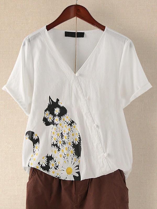 Cat daisy print button short sleeve top