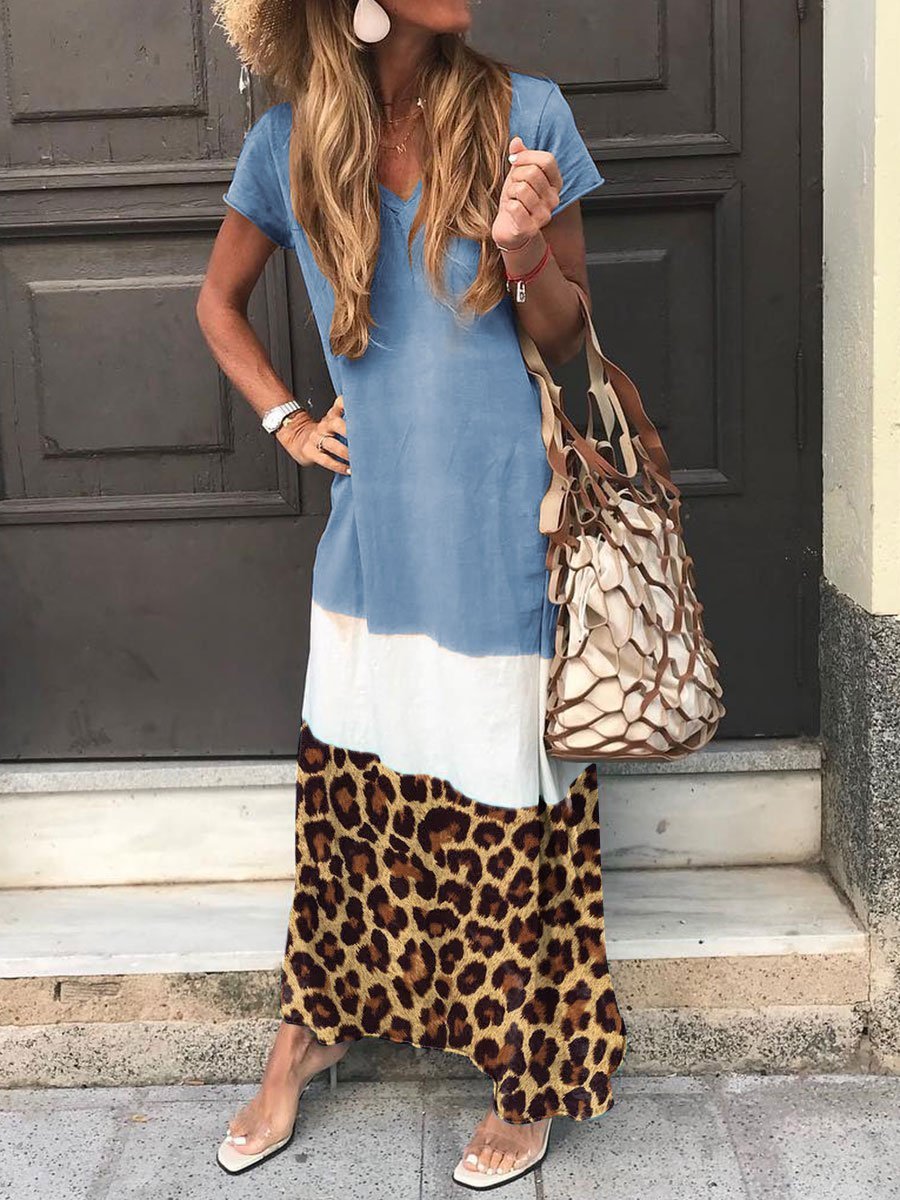 Holiday Stitching Leopard Print Tricolor Dress