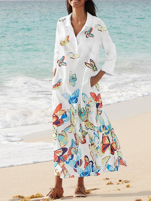 Women's Butterfly Print V-Neck Pocket Long Sleeve Dress