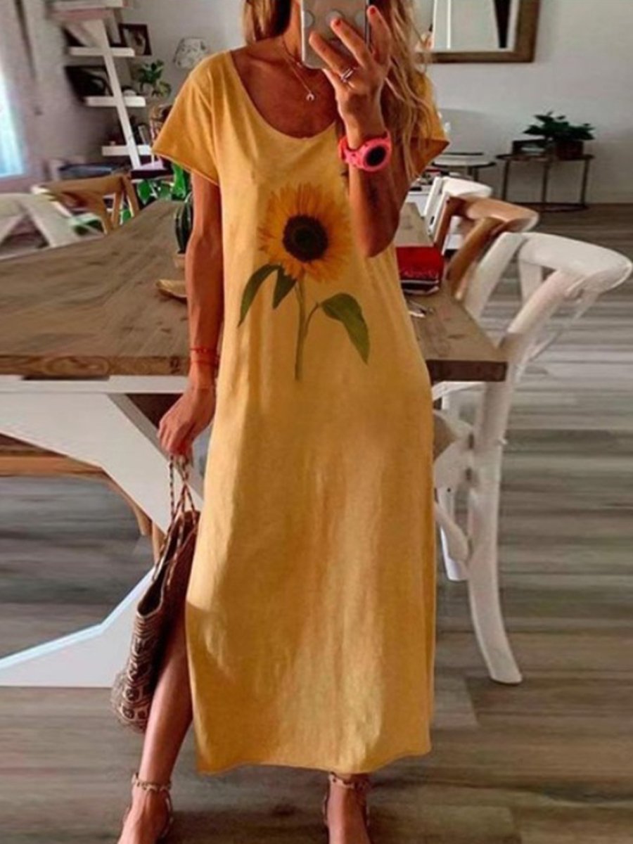 Sunflower Plant Printing Short Sleeve Casual Dress
