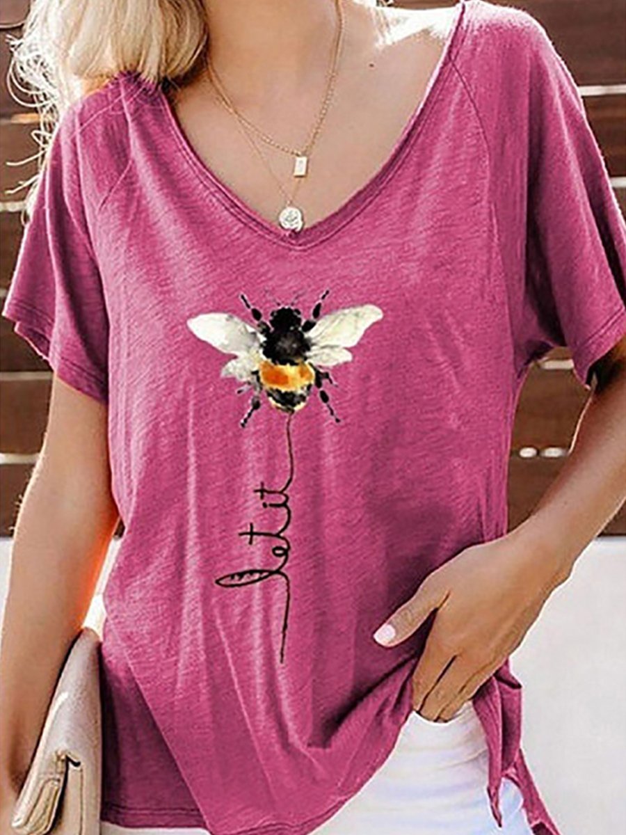 Bee Print V-neck Top Short Sleeve T-shirt
