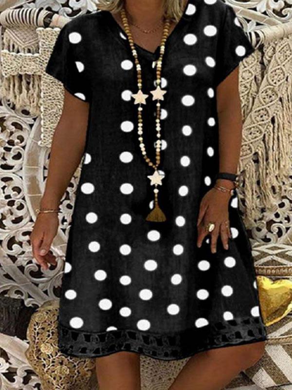 Ladies fashion V-neck polka dot cotton and linen dress